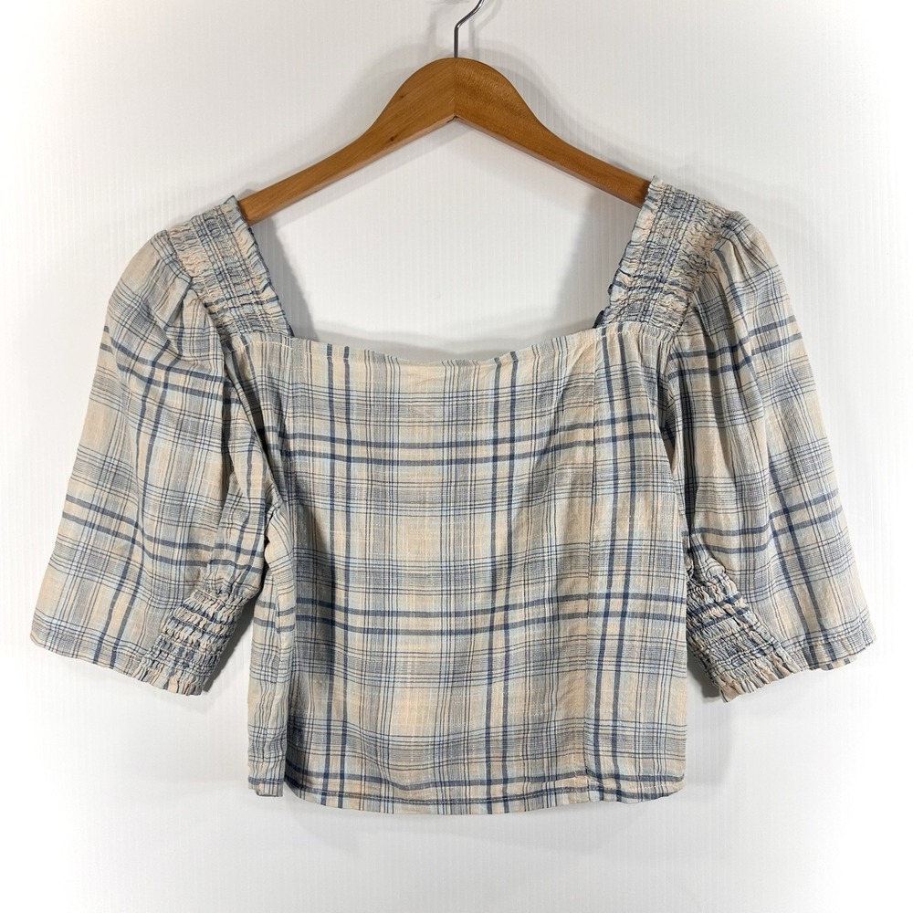Oak + Fort Plaid Cropped Top Size M Cotton Puff Sleeve Blue Summer Western *READ